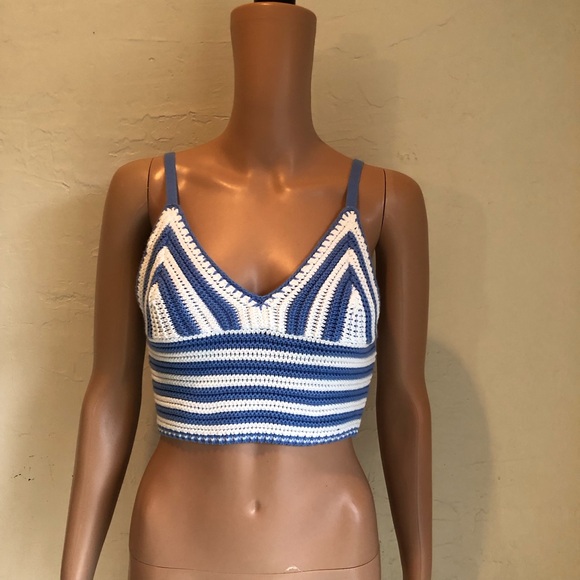 Hollister Tops - Hollister Blue/White Striped Crochet Knitted Crop Top Shirt Women’s Size S